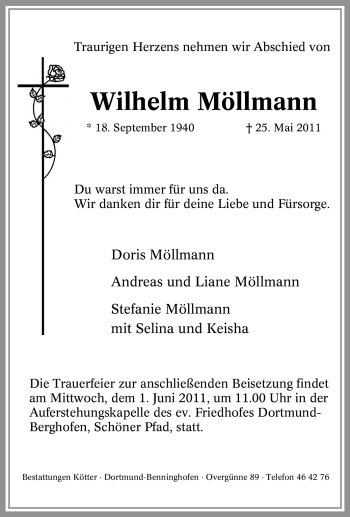 Traueranzeige von Wilhelm Möllmann von Tageszeitung