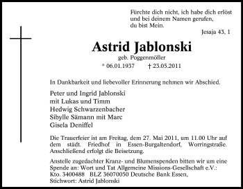Traueranzeige von Astrid Jablonski von Tageszeitung