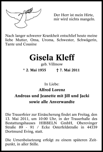 Traueranzeige von Gisela Kleff von Tageszeitung