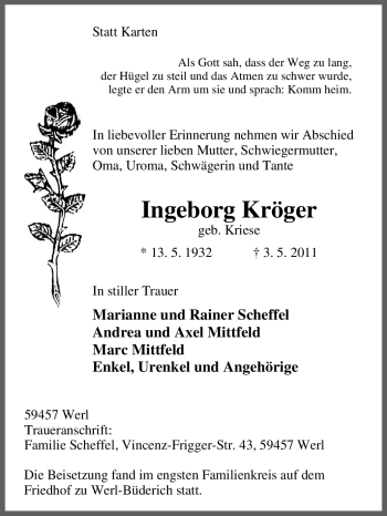 Traueranzeige von Ingeborg Kröger von Tageszeitung
