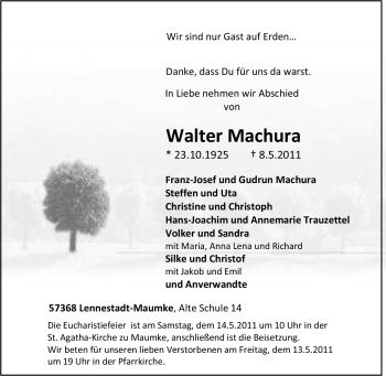 Traueranzeige von Walter Machura von Tageszeitung