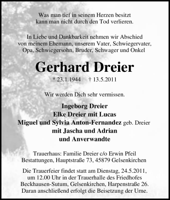 Traueranzeige von Gerhard Dreier von Tageszeitung