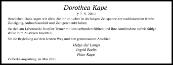 Traueranzeige von Dorothea Kape von Tageszeitung