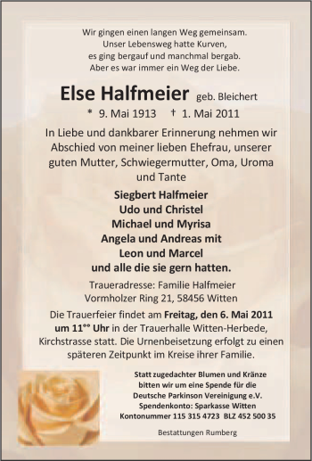 Traueranzeige von Else Halfmeier von Tageszeitung