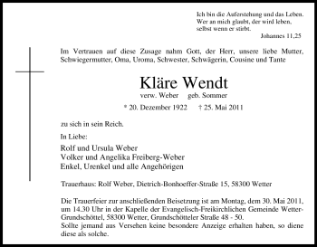 Traueranzeige von Kläre Wendt von Tageszeitung