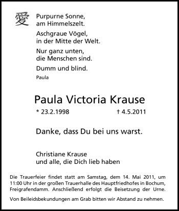Traueranzeige von Paula Victoria Krause von Tageszeitung