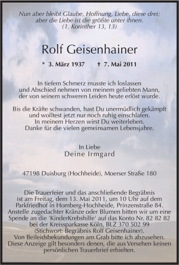 Traueranzeige von Rolf Geisenhainer von Tageszeitung