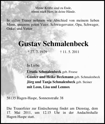 Traueranzeige von Gustav Schmalenbeck von Tageszeitung