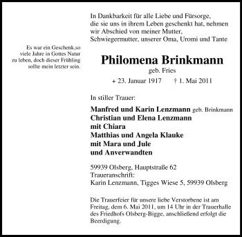 Traueranzeige von Philomena Brinkmann von Tageszeitung