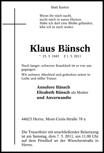 Traueranzeige von Klaus Bänsch von Tageszeitung