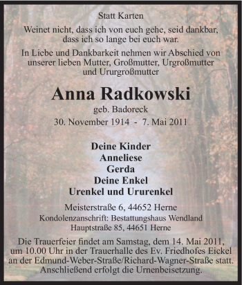 Traueranzeige von Anna Radkowski von Tageszeitung