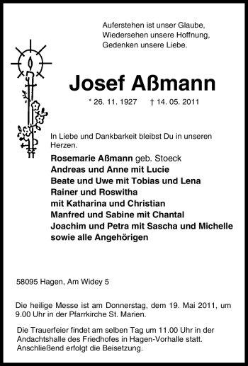 Traueranzeige von Josef Aßmann von Tageszeitung