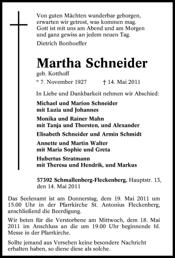 Traueranzeige von Martha Schneider von Tageszeitung