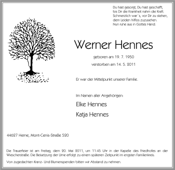 Traueranzeige von Werner Hennes von Tageszeitung