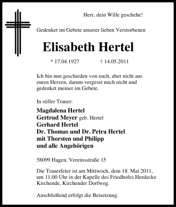Traueranzeige von Elisabeth Hertel von Tageszeitung