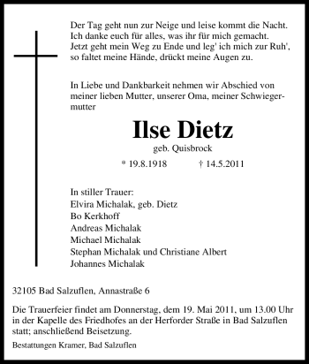 Traueranzeige von Ilse Dietz von Tageszeitung