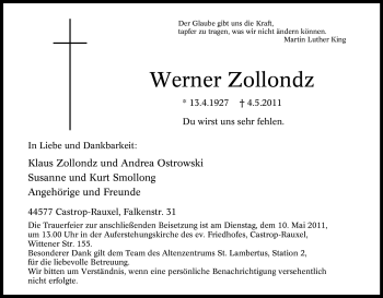 Traueranzeige von Werner Zollondz von Tageszeitung