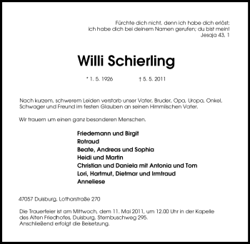 Traueranzeige von Willi Schierling von Tageszeitung