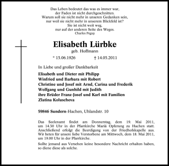 Traueranzeige von Elisabeth Lürbke von Tageszeitung