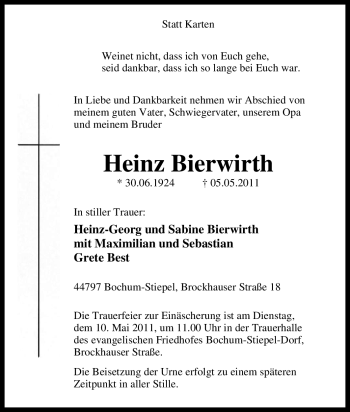 Traueranzeige von Heinz Bierwirth von Tageszeitung