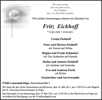 Traueranzeige von Fritz Eickhoff von Tageszeitung