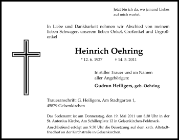 Traueranzeige von Heinrich Oehring von Tageszeitung