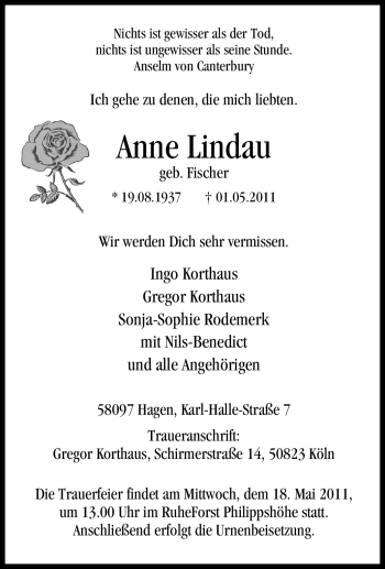 Traueranzeige von Anne Lindau von Tageszeitung