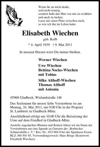 Traueranzeige von Elisabeth Wiechen von Tageszeitung