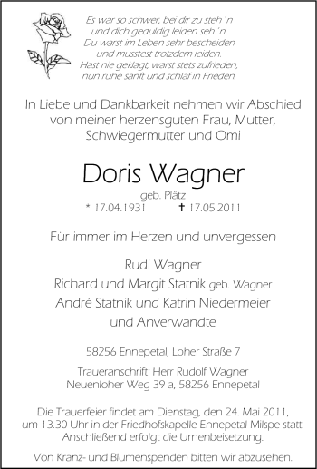Traueranzeige von Doris Wagner von Tageszeitung