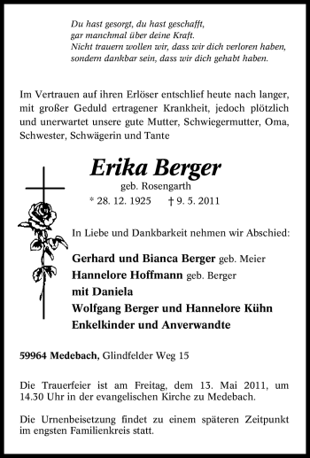 Traueranzeige von Erika Berger von Tageszeitung