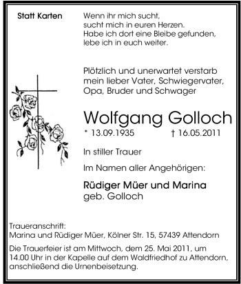 Traueranzeige von Wolfgang Golloch von Tageszeitung