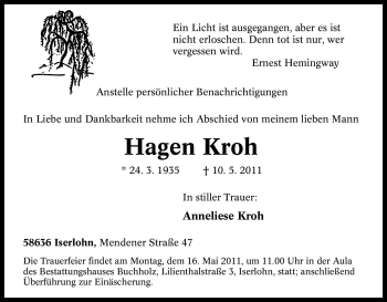 Traueranzeige von Hagen Kroh von Tageszeitung
