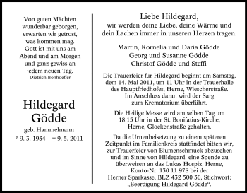 Traueranzeige von Hildegard Gödde von Tageszeitung