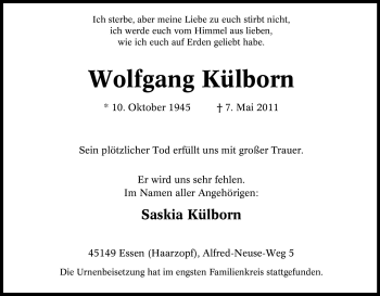 Traueranzeige von Külborn Unbekannt von Tageszeitung