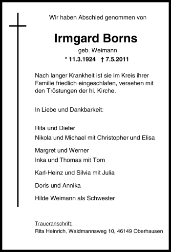Traueranzeige von Irmgard Borns von Tageszeitung