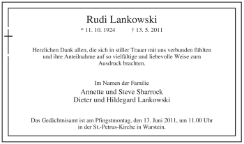 Traueranzeige von Rudi Lankowski von Tageszeitung