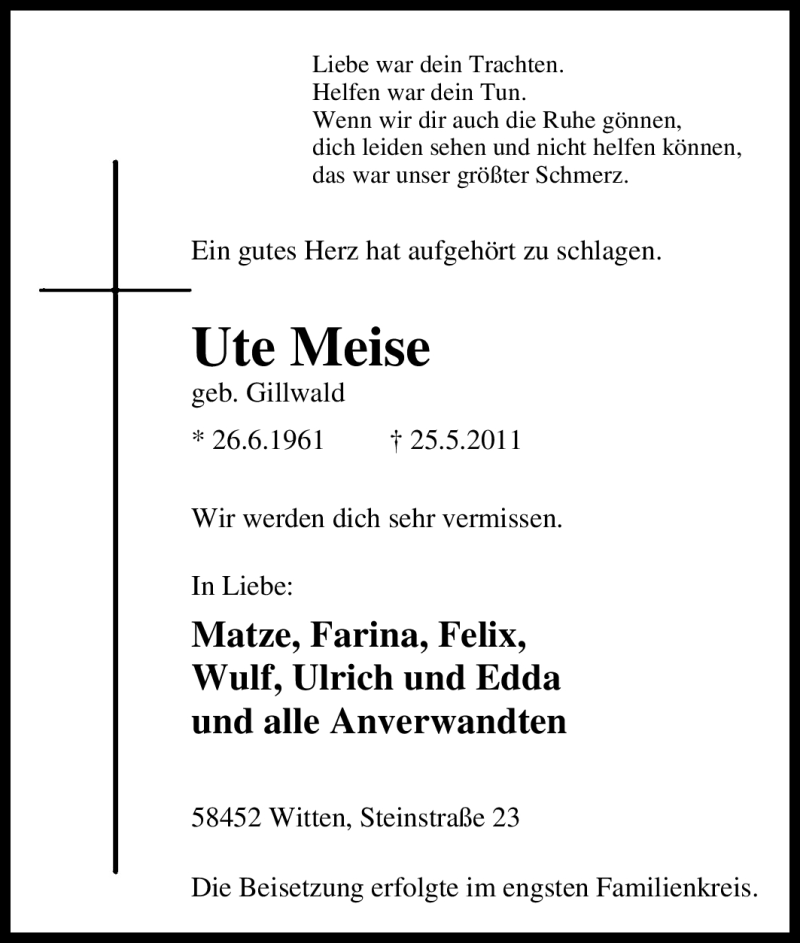  Traueranzeige für Ute Meise vom 04.06.2011 aus Tageszeitung