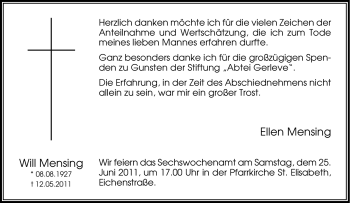 Traueranzeige von Will Mensing von Tageszeitung