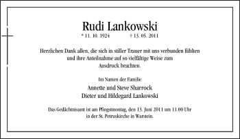 Traueranzeige von Rudi Lankowski von Tageszeitung