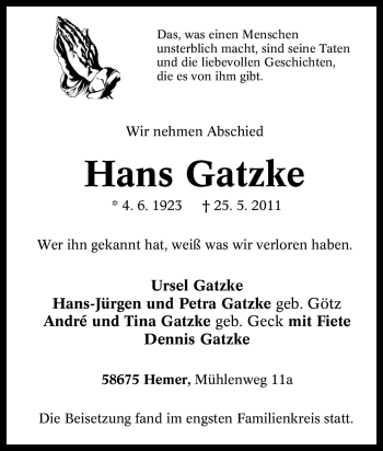 Traueranzeige von Hans Gatzke von Tageszeitung