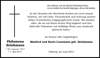 Traueranzeige von Philomena Brinkmann von Tageszeitung
