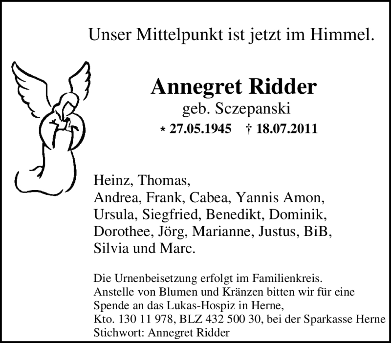  Traueranzeige für Annegret Ridder vom 21.07.2011 aus Tageszeitung