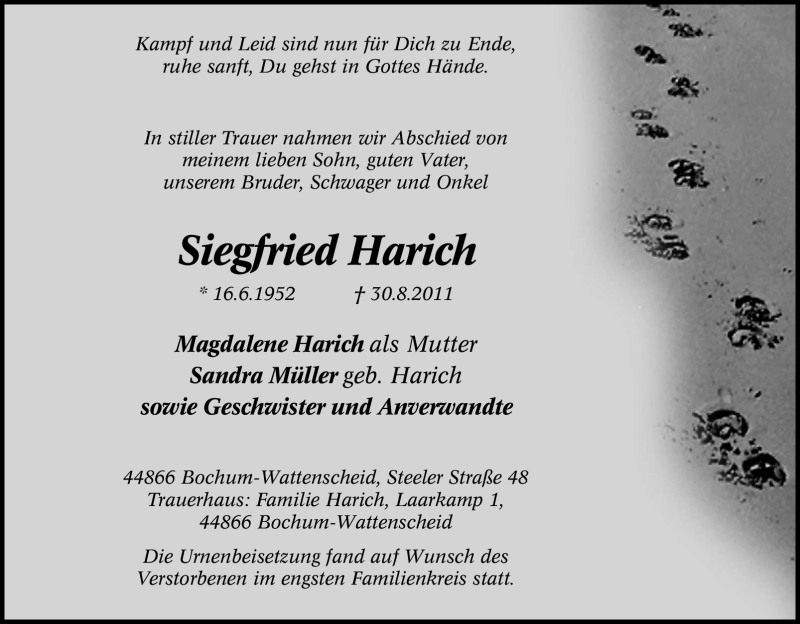  Traueranzeige für Siegfried Harich vom 10.09.2011 aus Tageszeitung