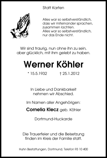 Traueranzeige von Werner Köhler von Tageszeitung