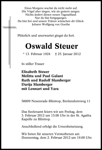Traueranzeige von Oswald Steuer von Tageszeitung