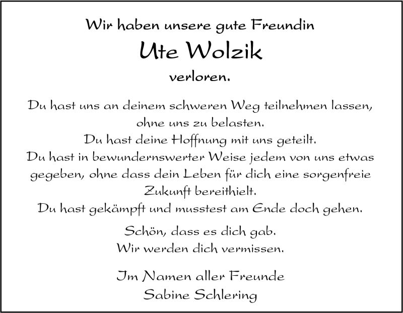  Traueranzeige für Ute Wolzik vom 14.01.2012 aus Tageszeitung