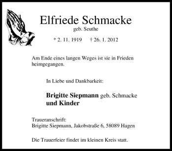 Traueranzeige von Elfriede Schmacke von Tageszeitung