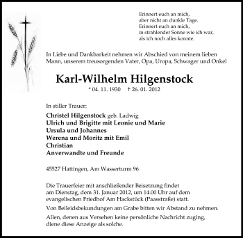 Traueranzeige von Karl-Wilhelm Hilgenstock von Tageszeitung