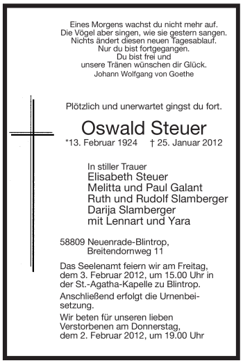 Traueranzeige von Oswald Steuer von Tageszeitung
