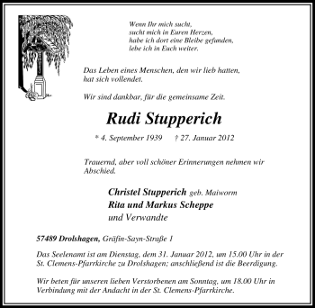 Traueranzeige von Rudi Stupperich von Tageszeitung